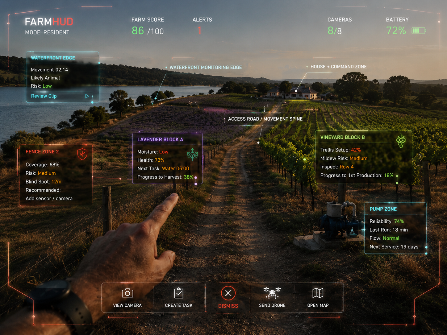 FarmHUD concept view: a first-person smart glasses HUD showing live zone overlays on our 5-hectare waterfront test farm — waterfront monitoring, fence zone, lavender block, vineyard block, pump zone, and command actions